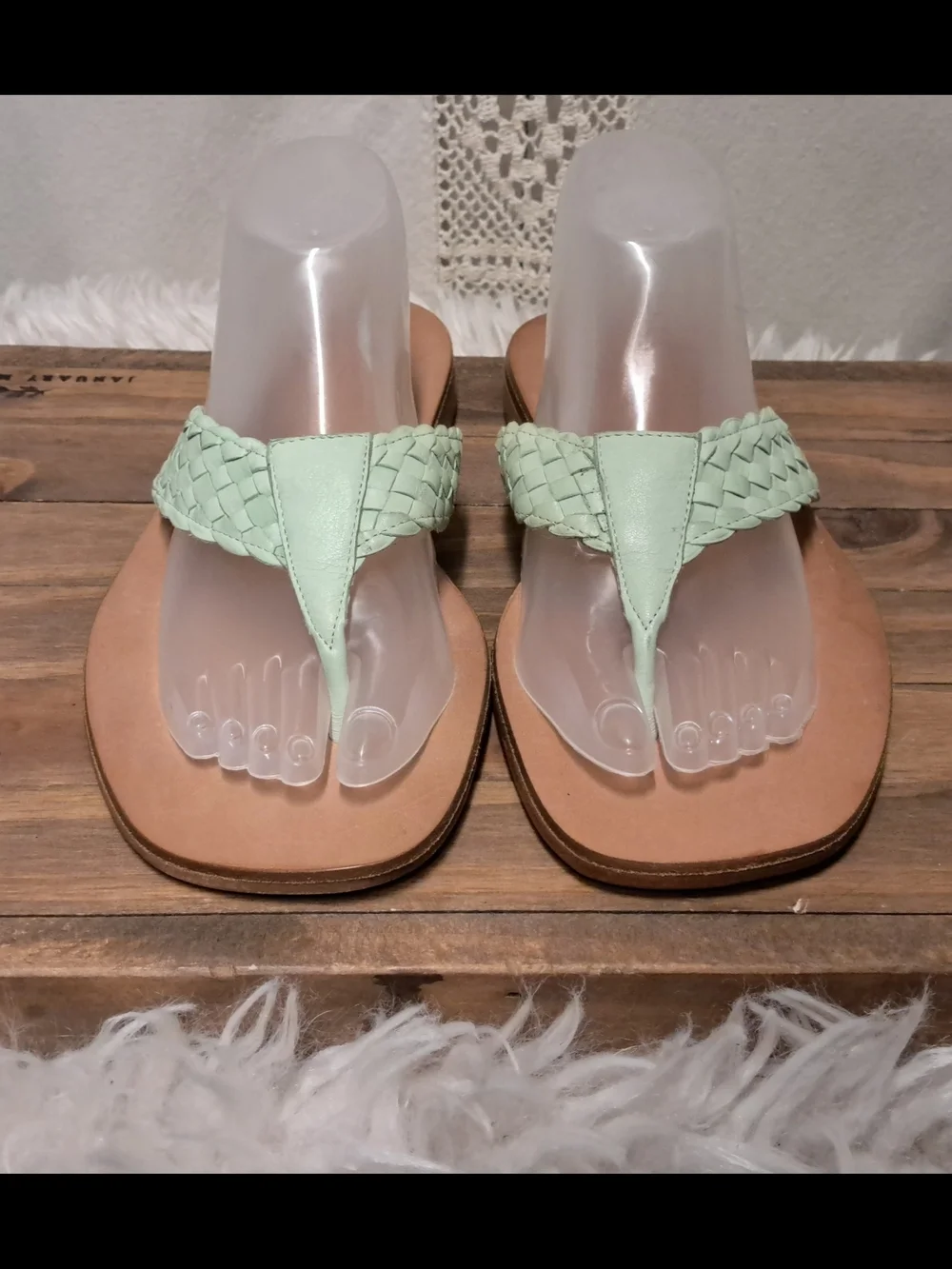 Rickard Shah Braided Leather Flip-Flop Sandals in Mint Size 9